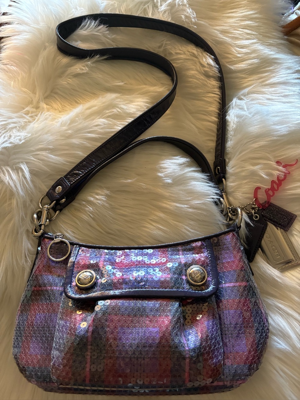 NWOT 2010 COACH POPPY SEQUIN PURPLE TARTAN CROSSBODY SHOULDER BAG w 4 HANGTAGS